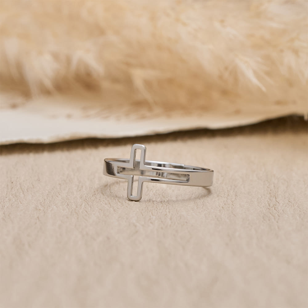 Minimalist Side Cut-Out Cross Open Ring: An Emblem of Understated Sacred Devotion