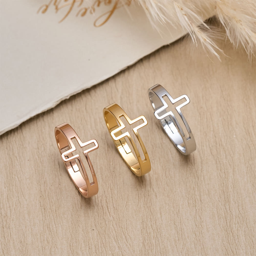 Minimalist Side Cut-Out Cross Open Ring: An Emblem of Understated Sacred Devotion