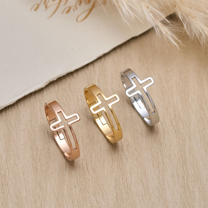 Minimalist Side Cut-Out Cross Open Ring: An Emblem of Understated Sacred Devotion