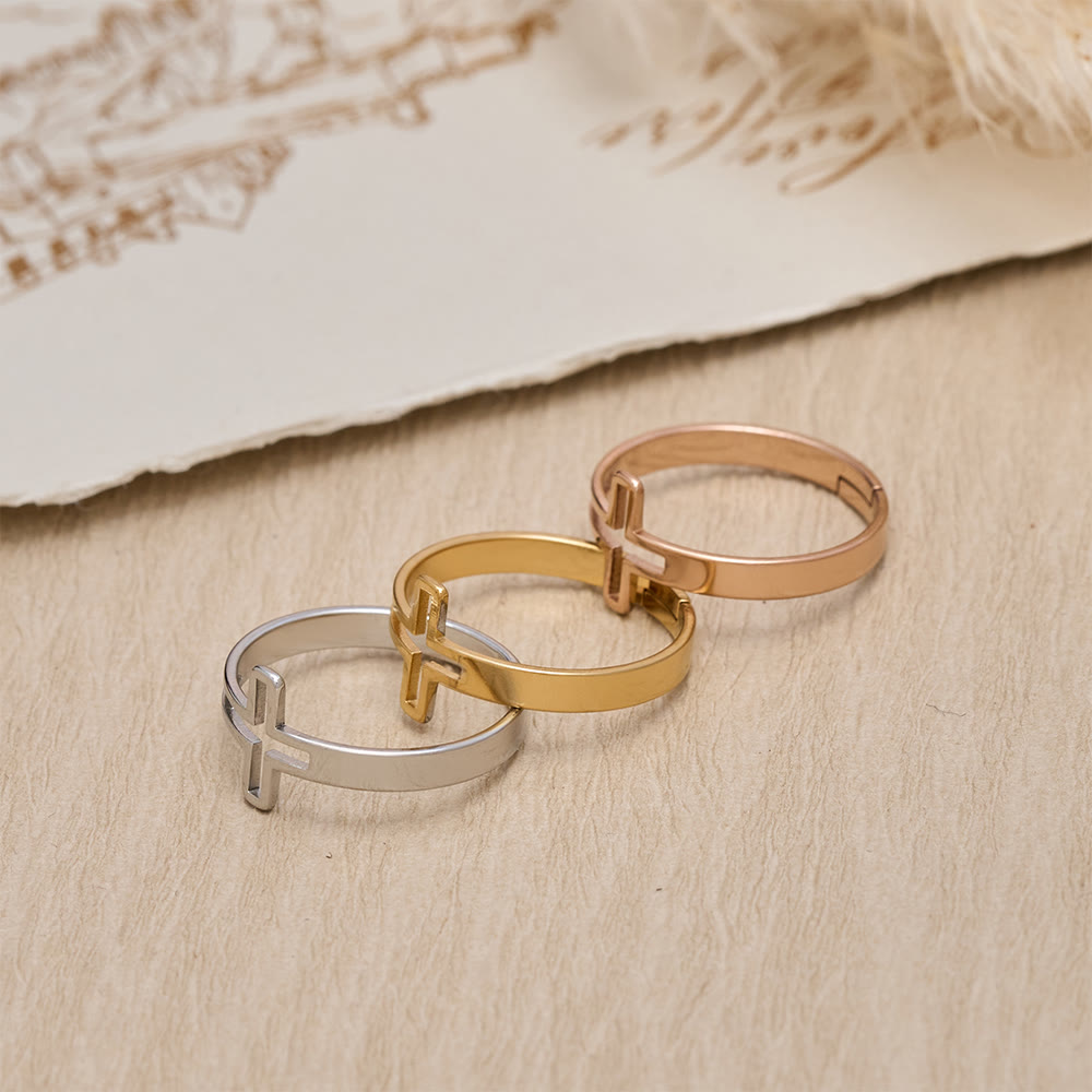 Minimalist Side Cut-Out Cross Open Ring: An Emblem of Understated Sacred Devotion