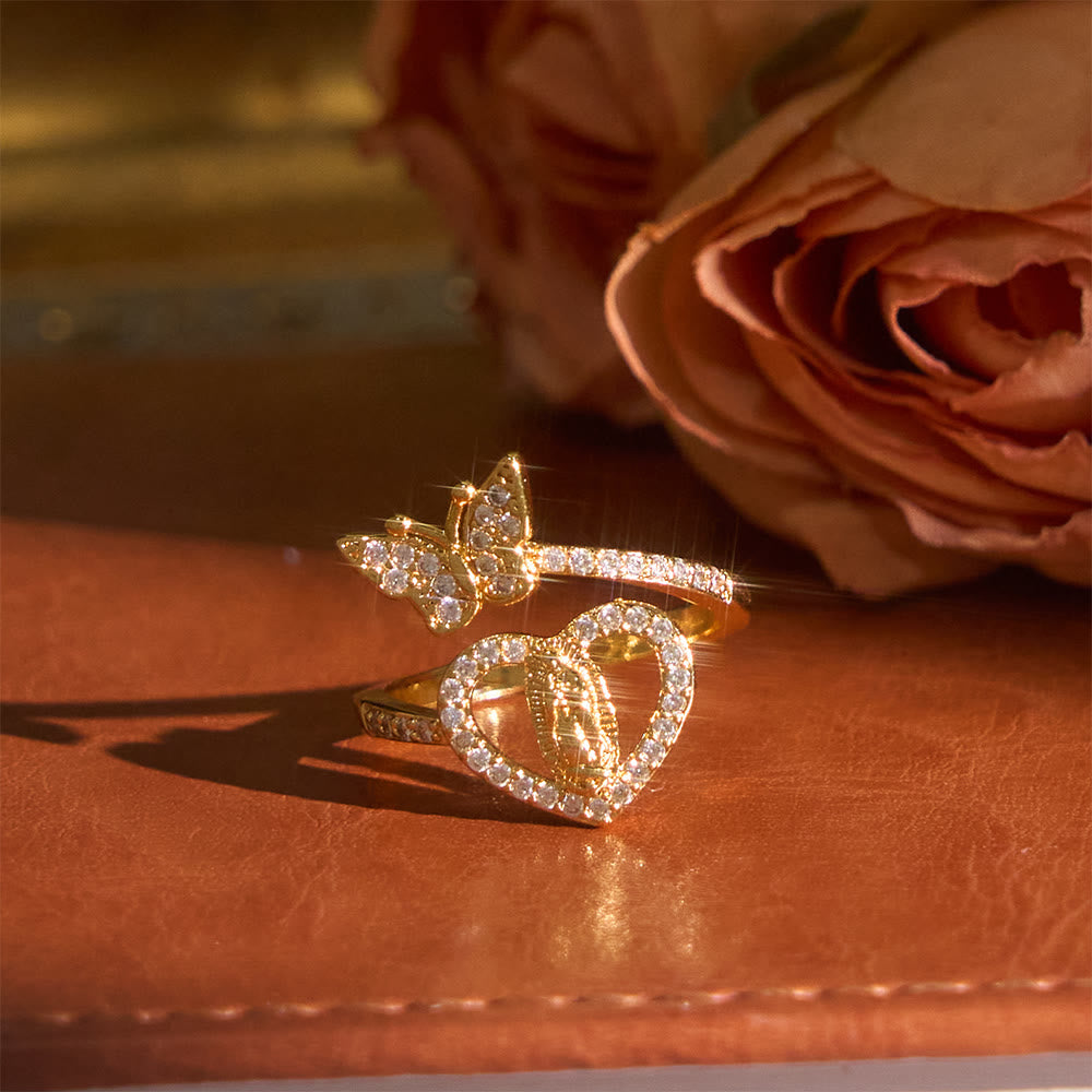 Dual Motif Butterfly & Heart Our Lady Ring: Symbol of Sacred Love and Grace