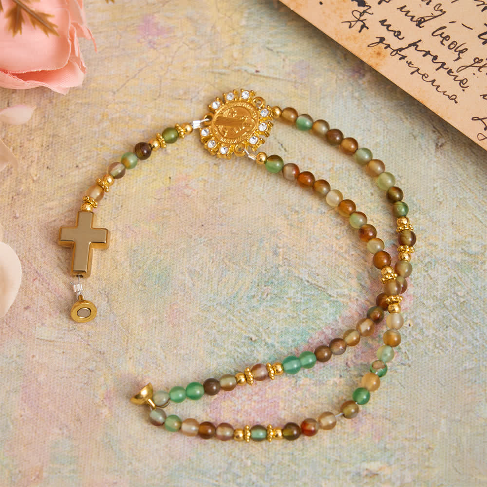 Dragon Vein Agate Magnetic Rosary Bracelet with Golden St. Benedict