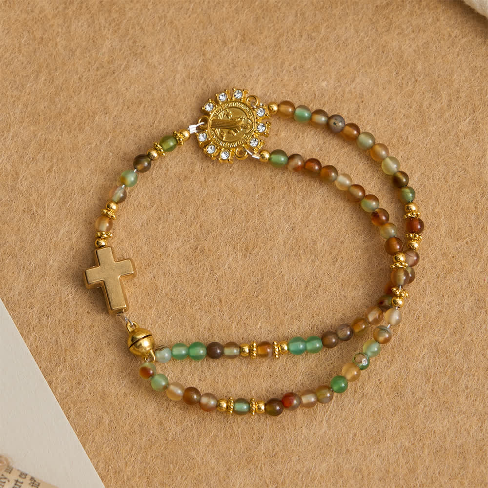 Dragon Vein Agate Magnetic Rosary Bracelet with Golden St. Benedict