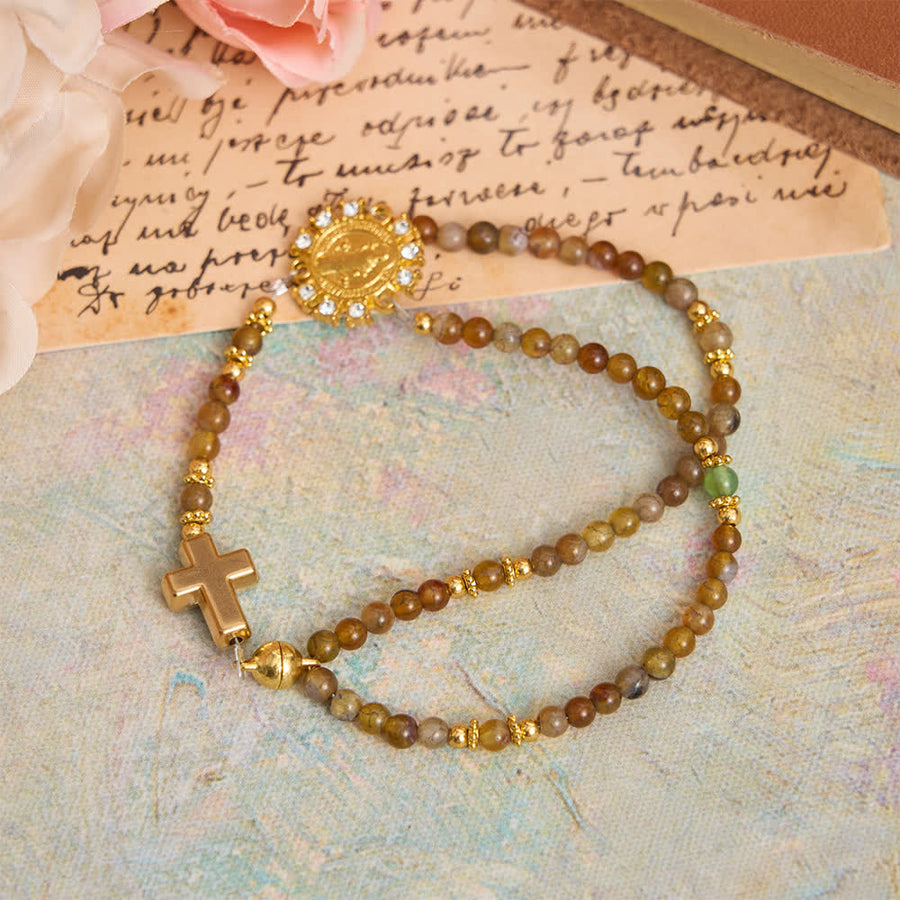 Dragon Vein Agate Magnetic Rosary Bracelet with Golden St. Benedict