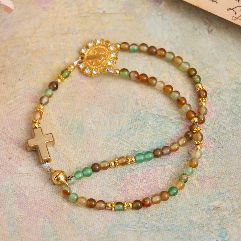 Dragon Vein Agate Magnetic Rosary Bracelet with Golden St. Benedict