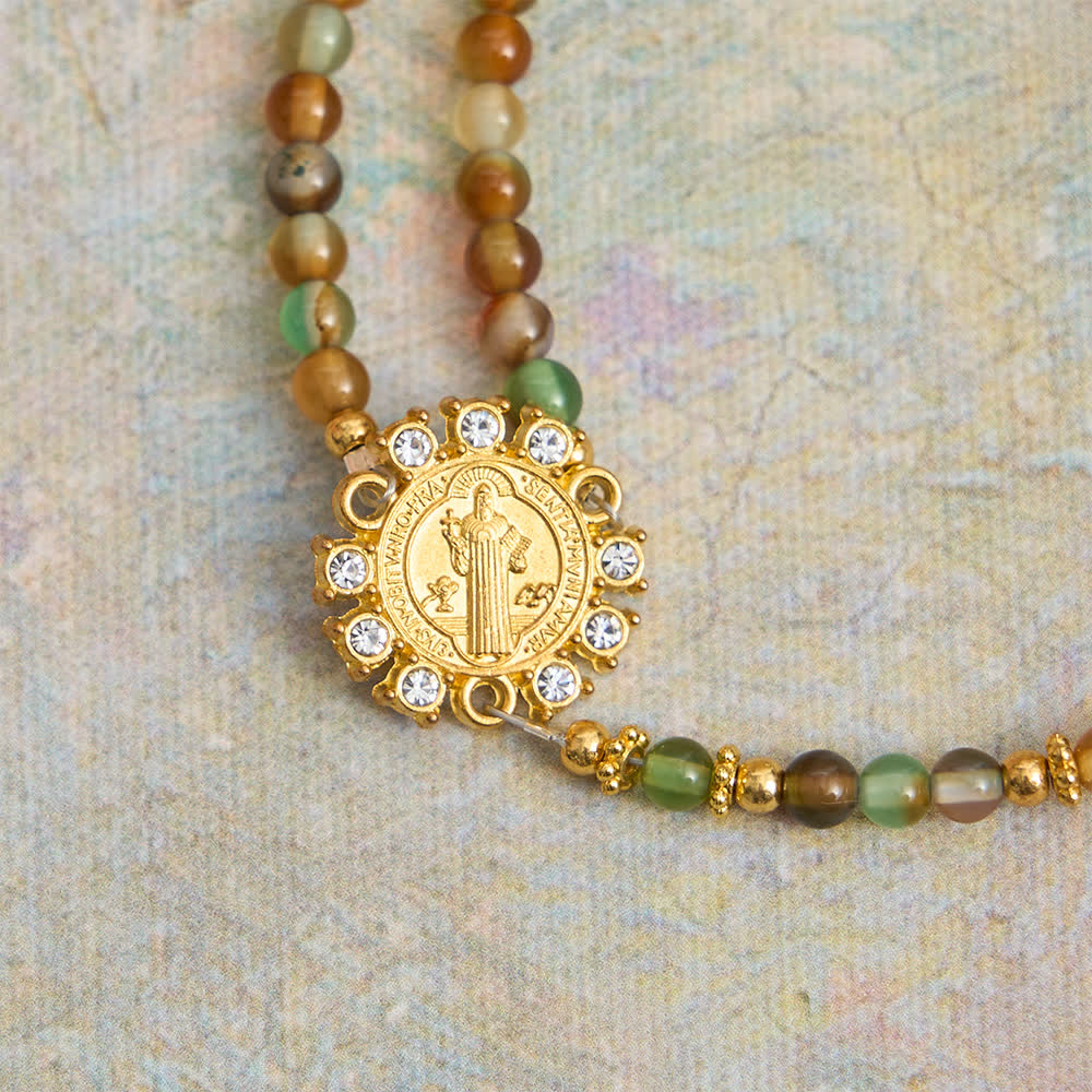 Dragon Vein Agate Magnetic Rosary Bracelet with Golden St. Benedict