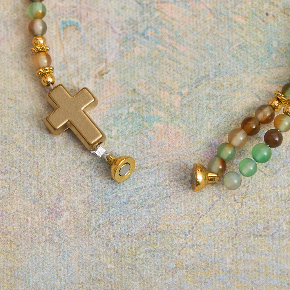 Dragon Vein Agate Magnetic Rosary Bracelet with Golden St. Benedict