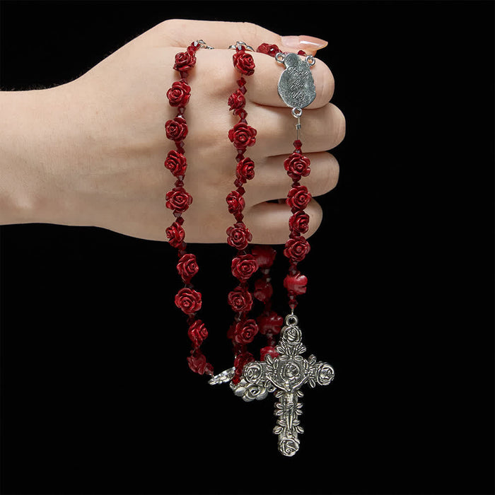Cinnabar Wine Red Rose Beads Rosary with Holy Family Centerpiece