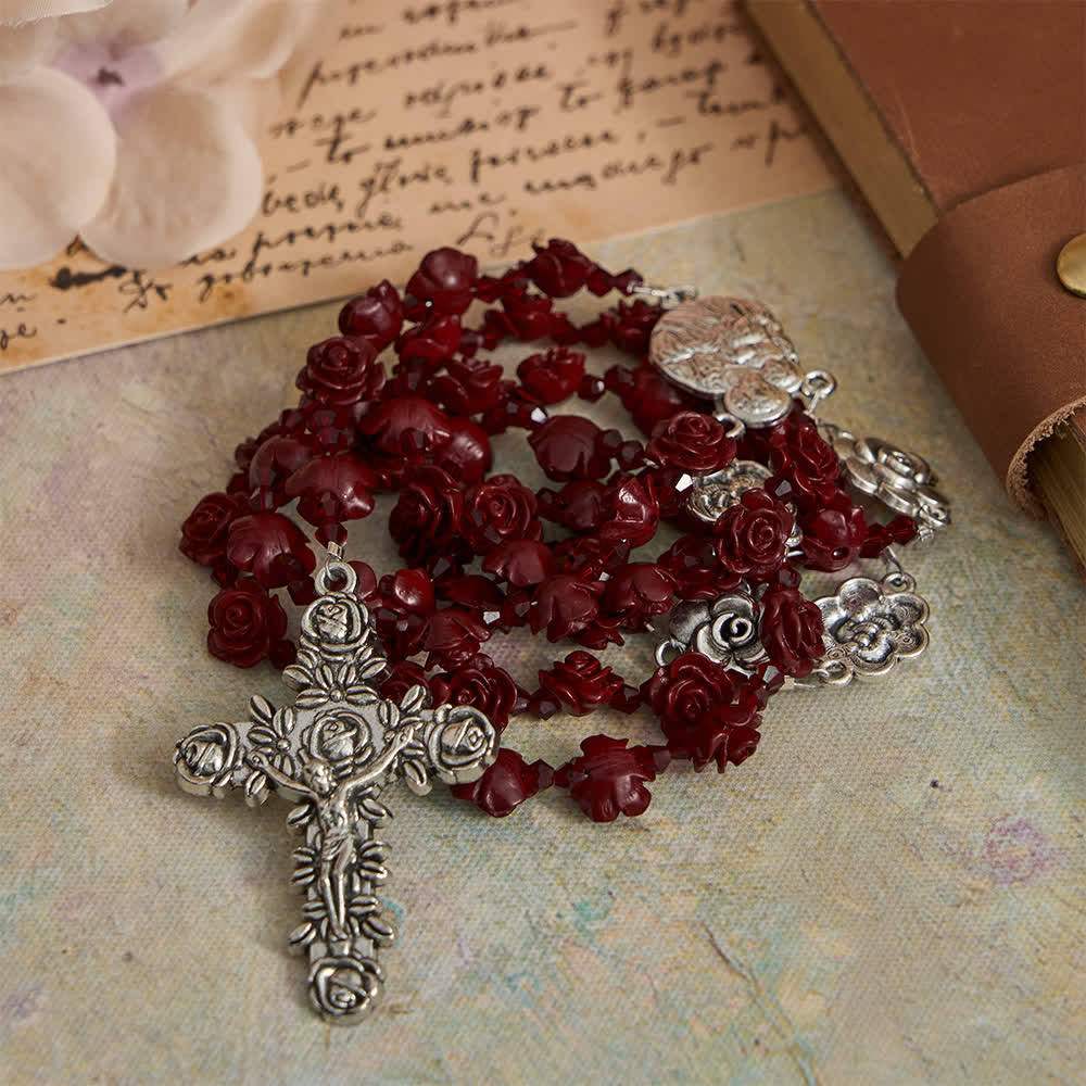 Cinnabar Wine Red Rose Beads Rosary with Holy Family Centerpiece