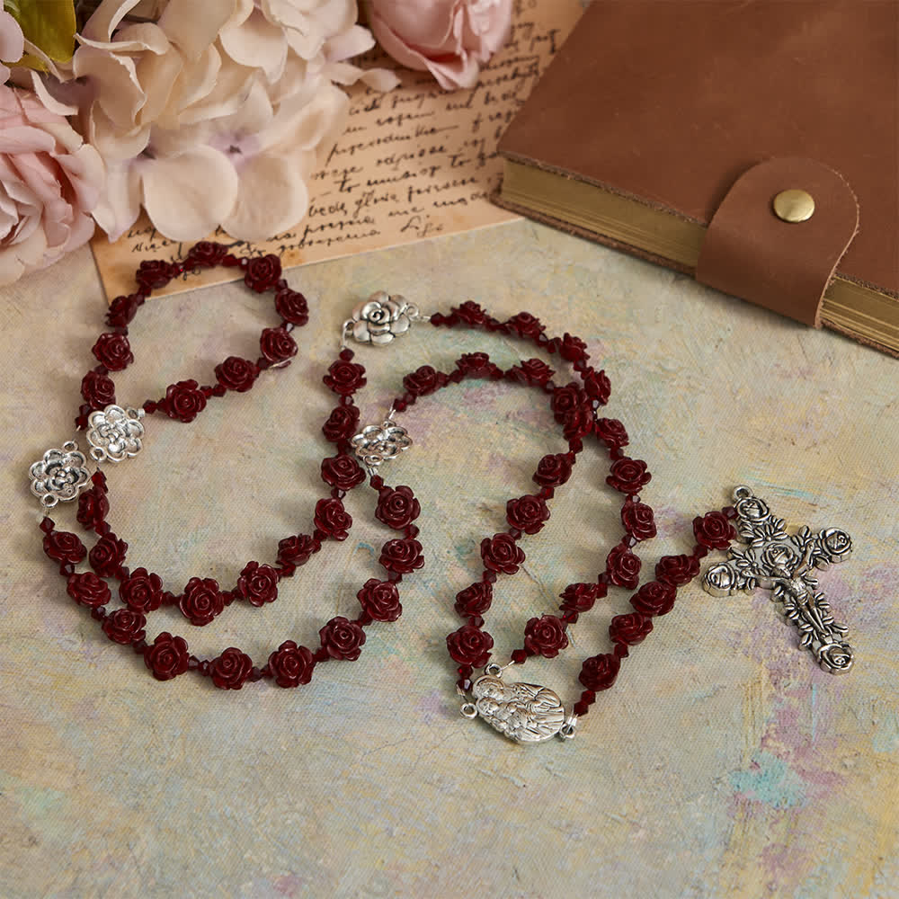 Cinnabar Wine Red Rose Beads Rosary with Holy Family Centerpiece