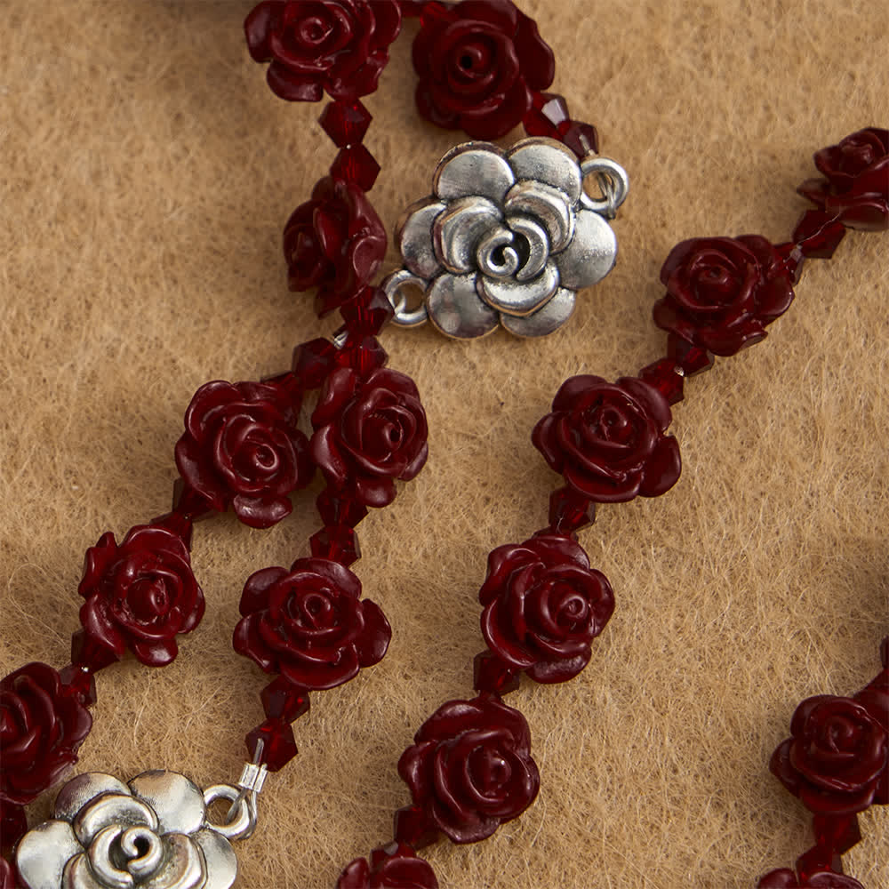 Cinnabar Wine Red Rose Beads Rosary with Holy Family Centerpiece