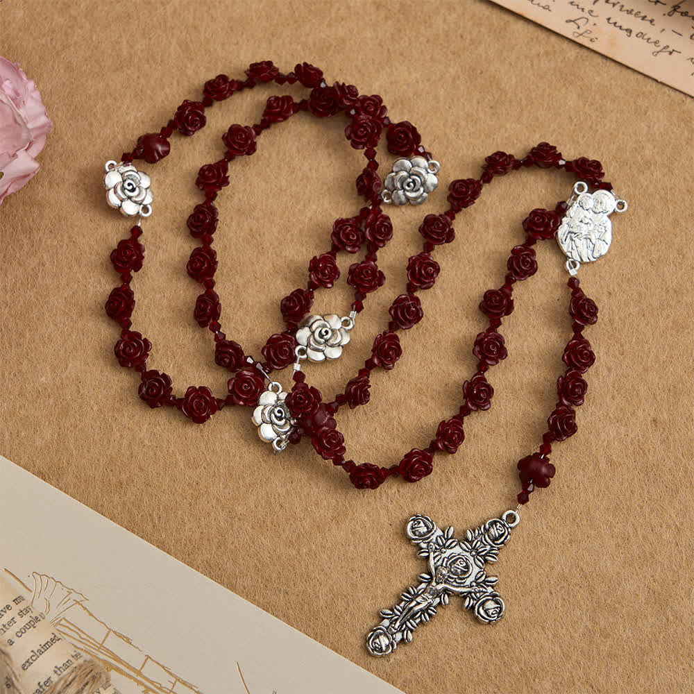 Cinnabar Wine Red Rose Beads Rosary with Holy Family Centerpiece