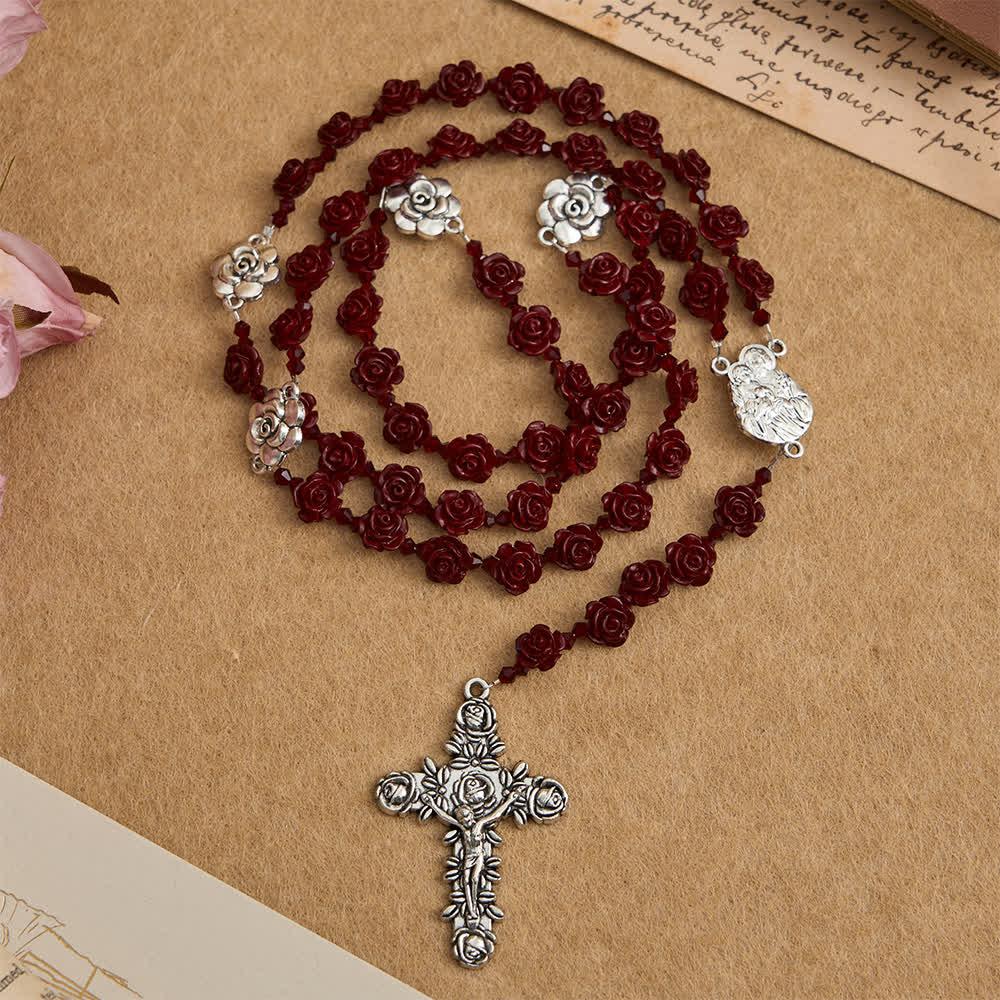 Cinnabar Wine Red Rose Beads Rosary with Holy Family Centerpiece