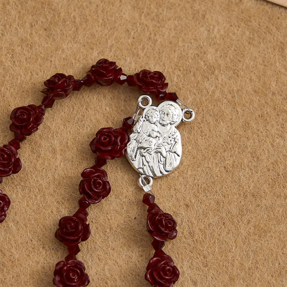 Cinnabar Wine Red Rose Beads Rosary with Holy Family Centerpiece