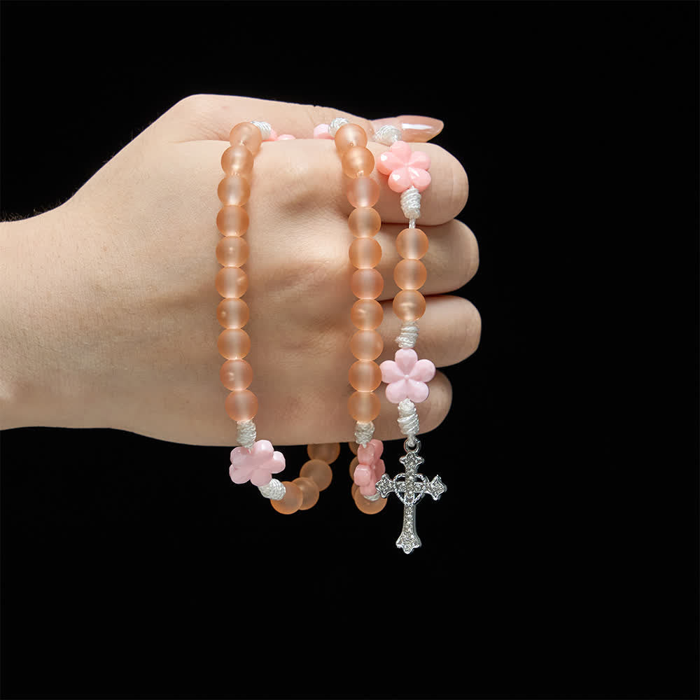 Peach Orange Frosted Beads Pink Camellia Rosary: the Purity of Spring Blossoms