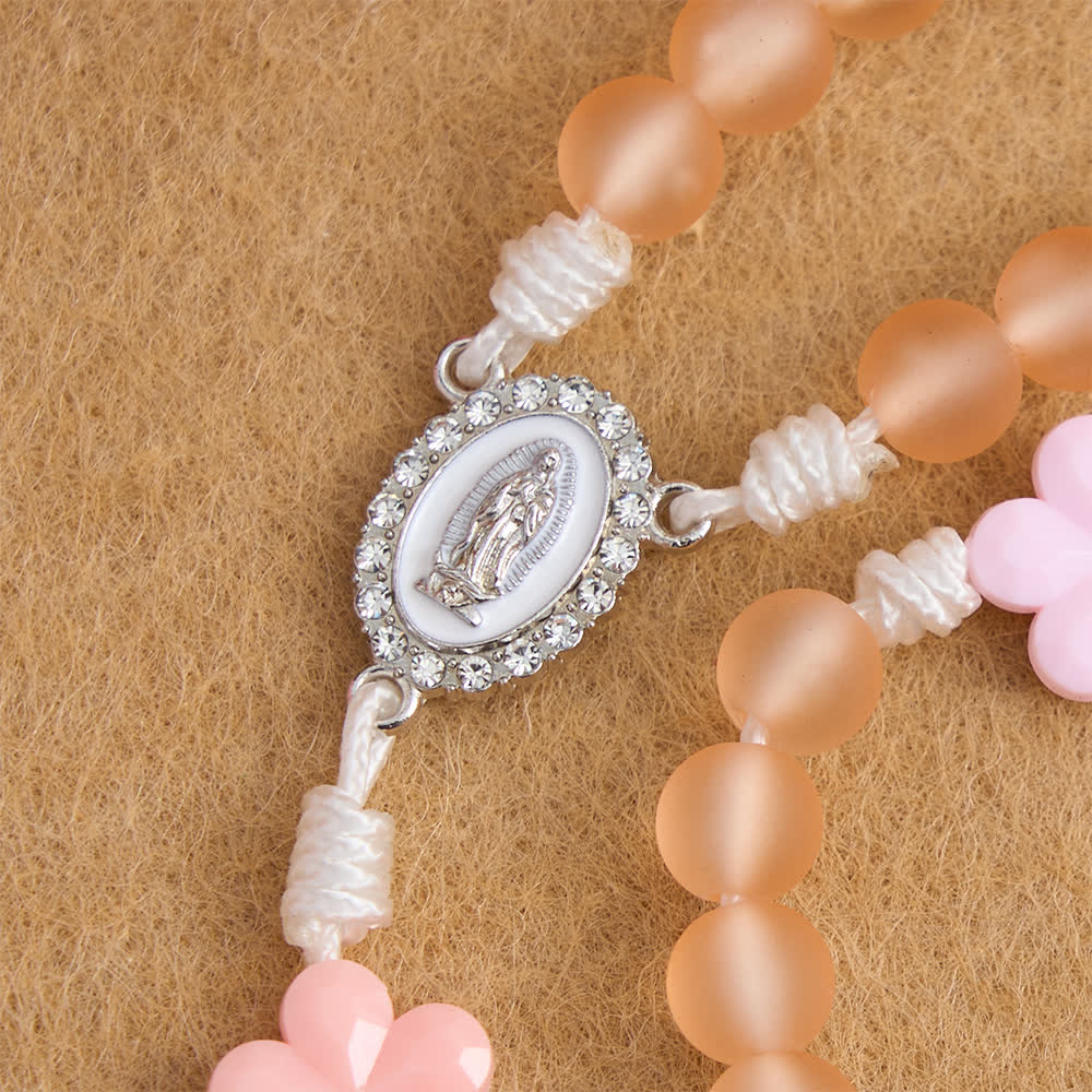 Peach Orange Frosted Beads Pink Camellia Rosary: the Purity of Spring Blossoms