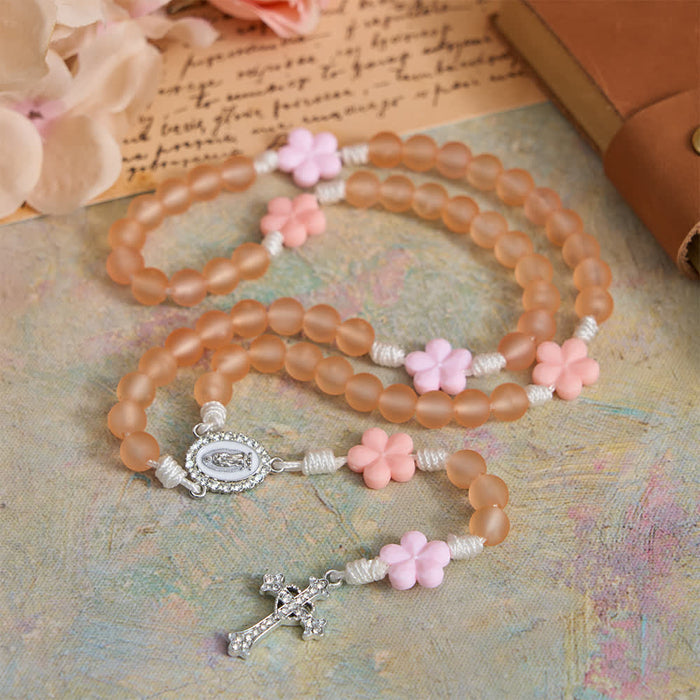 Peach Orange Frosted Beads Pink Camellia Rosary: the Purity of Spring Blossoms