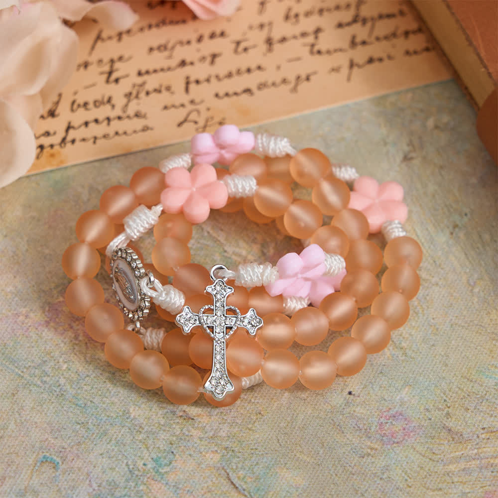 Peach Orange Frosted Beads Pink Camellia Rosary: the Purity of Spring Blossoms