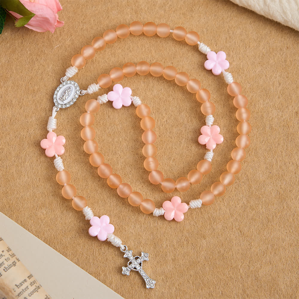 Peach Orange Frosted Beads Pink Camellia Rosary: the Purity of Spring Blossoms