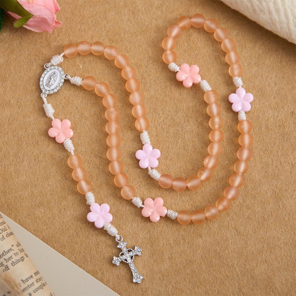 Peach Orange Frosted Beads Pink Camellia Rosary: the Purity of Spring Blossoms