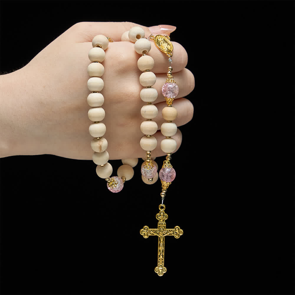 Natural Wood & Pink Crackle Glass Rosary with Our Lady Pendant