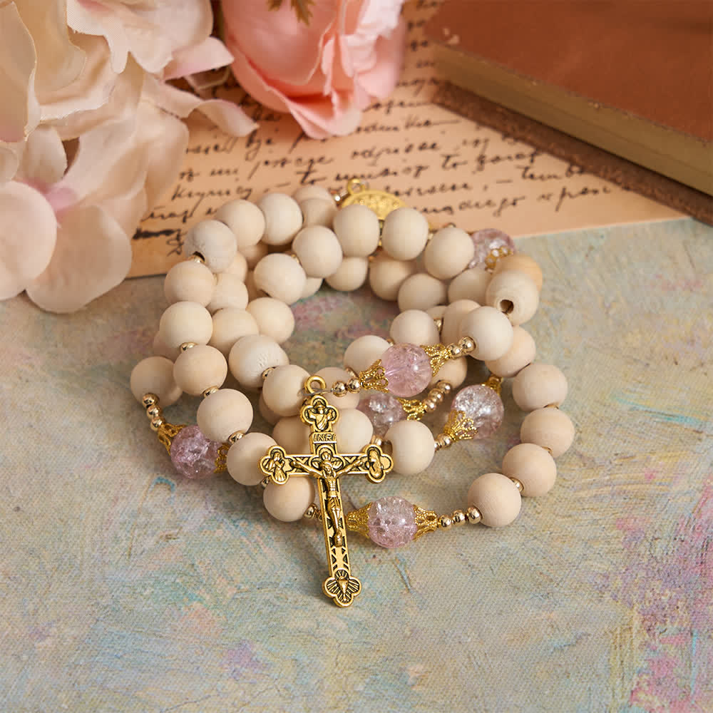 Natural Wood & Pink Crackle Glass Rosary with Our Lady Pendant
