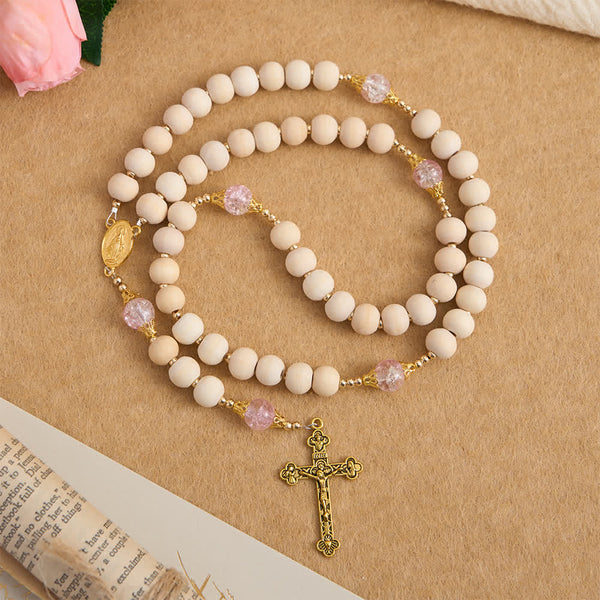 Natural Wood & Pink Crackle Glass Rosary with Our Lady Pendant