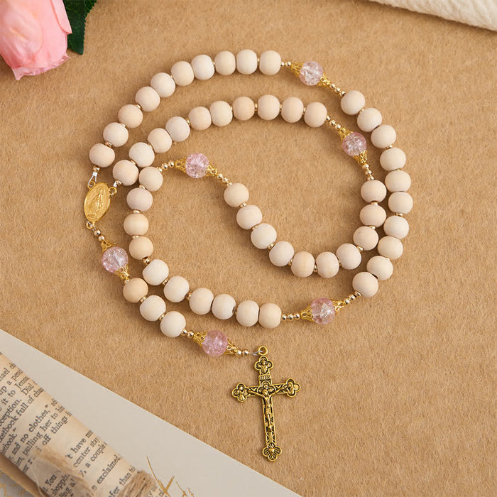 Natural Wood & Pink Crackle Glass Rosary with Our Lady Pendant