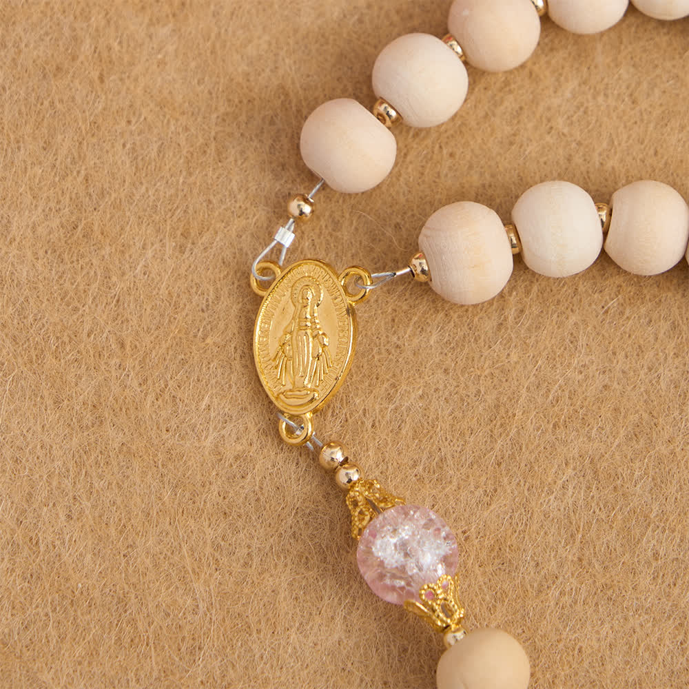 Natural Wood & Pink Crackle Glass Rosary with Our Lady Pendant
