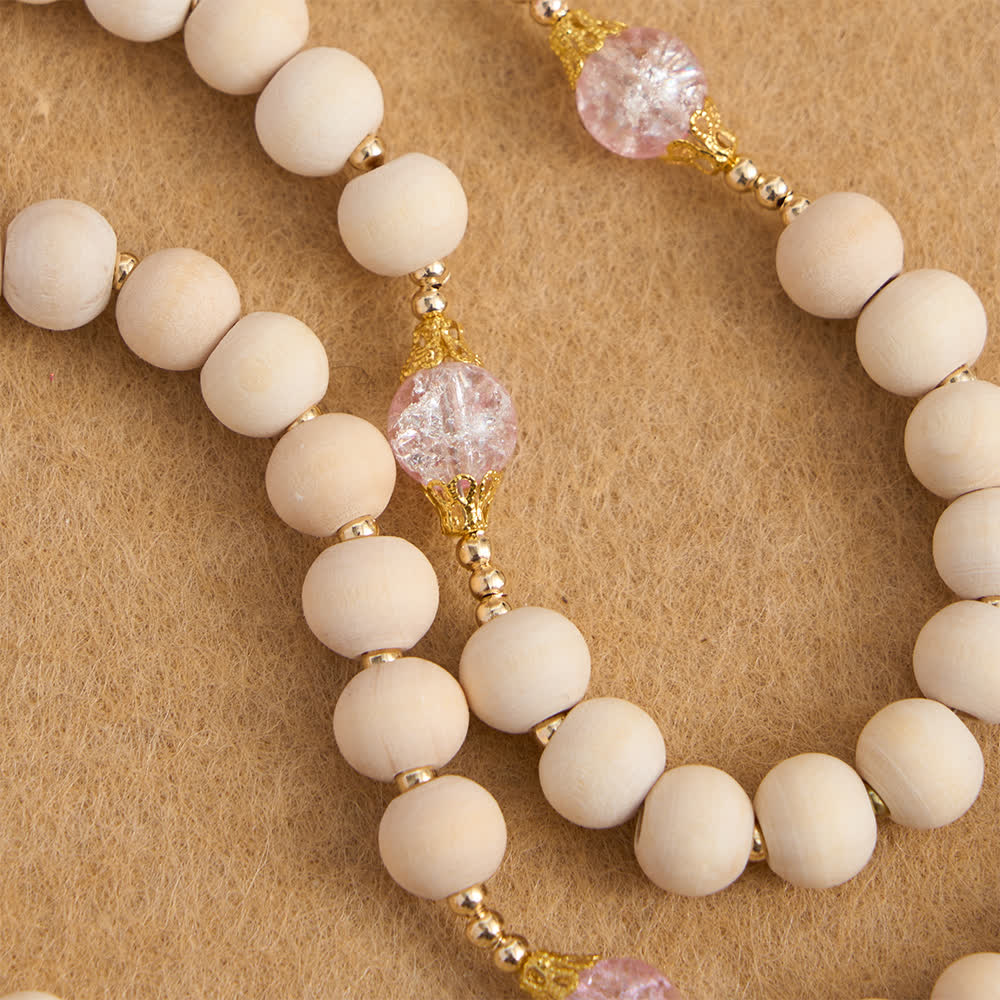 Natural Wood & Pink Crackle Glass Rosary with Our Lady Pendant