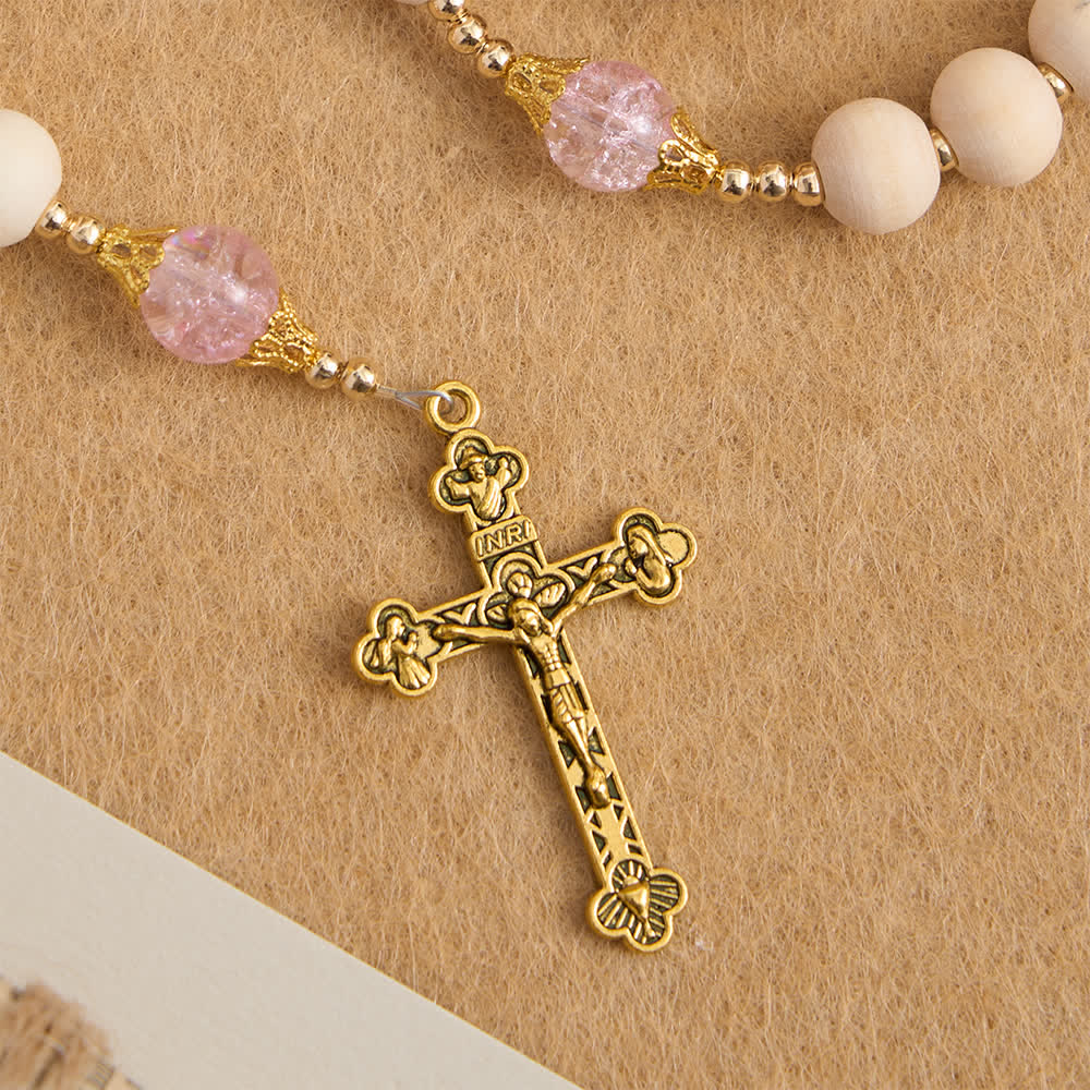 Natural Wood & Pink Crackle Glass Rosary with Our Lady Pendant