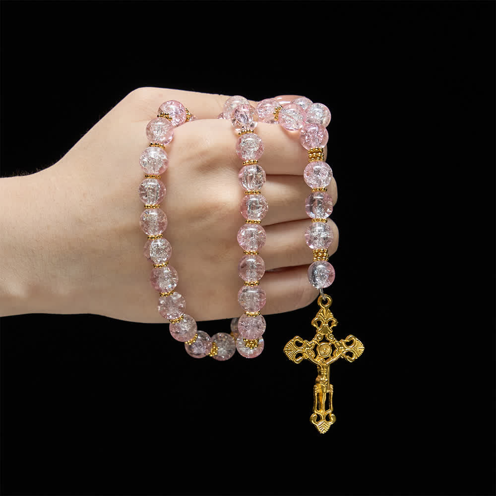 Pink & White Crackle Glass Rosary with Ornate Crucifix