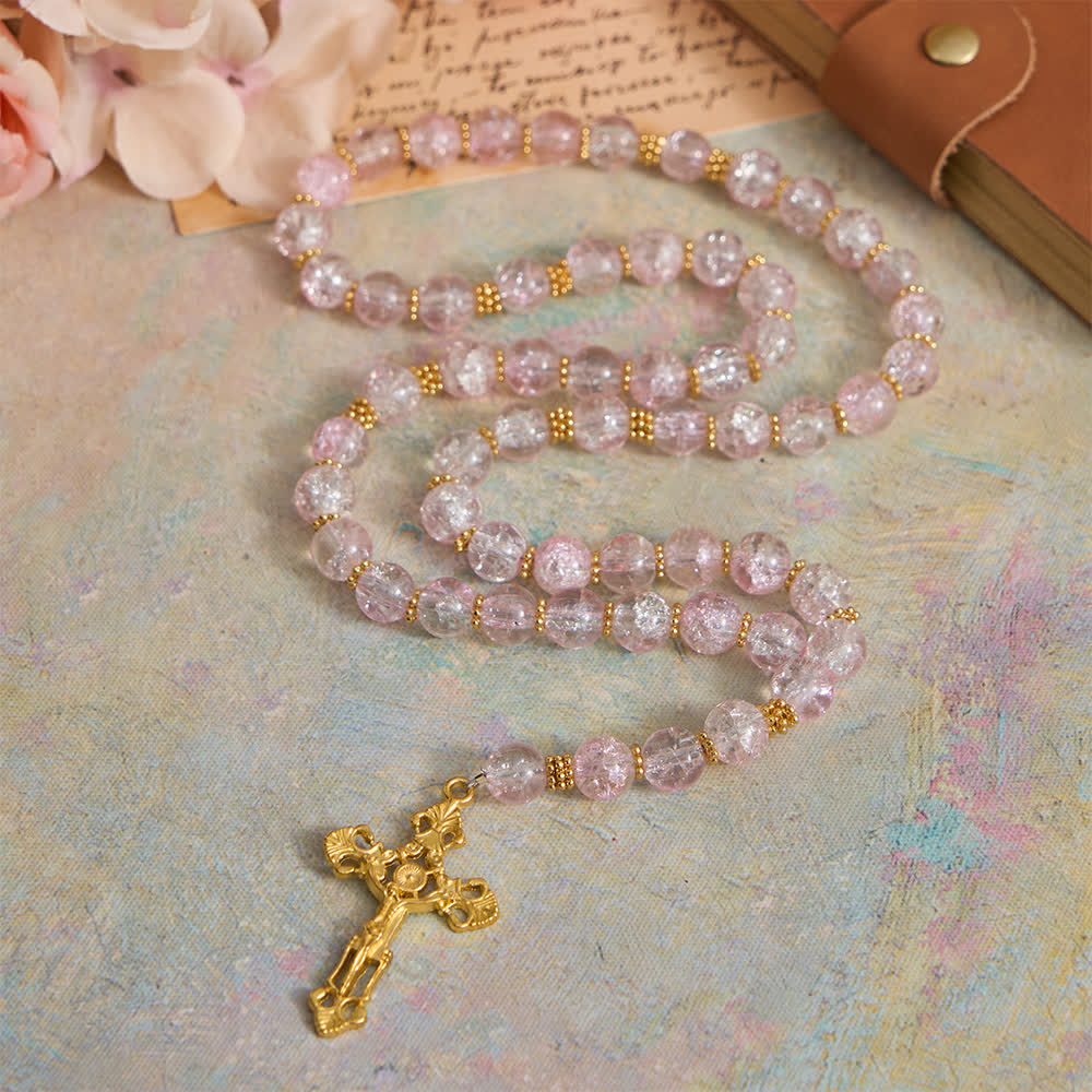 Pink & White Crackle Glass Rosary with Ornate Crucifix
