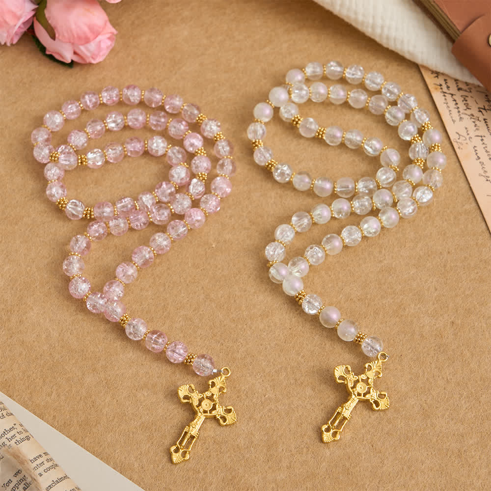 Pink & White Crackle Glass Rosary with Ornate Crucifix