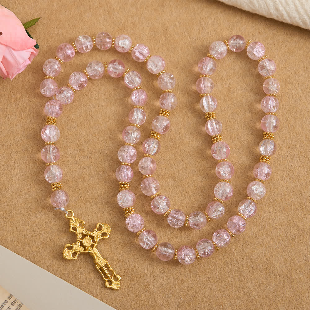 Pink & White Crackle Glass Rosary with Ornate Crucifix