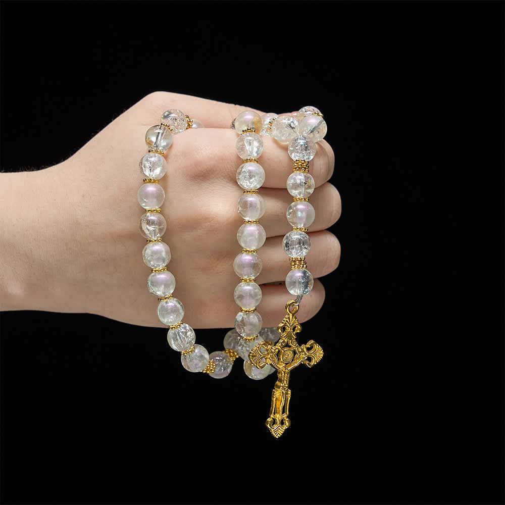 Pink & White Crackle Glass Rosary with Ornate Crucifix