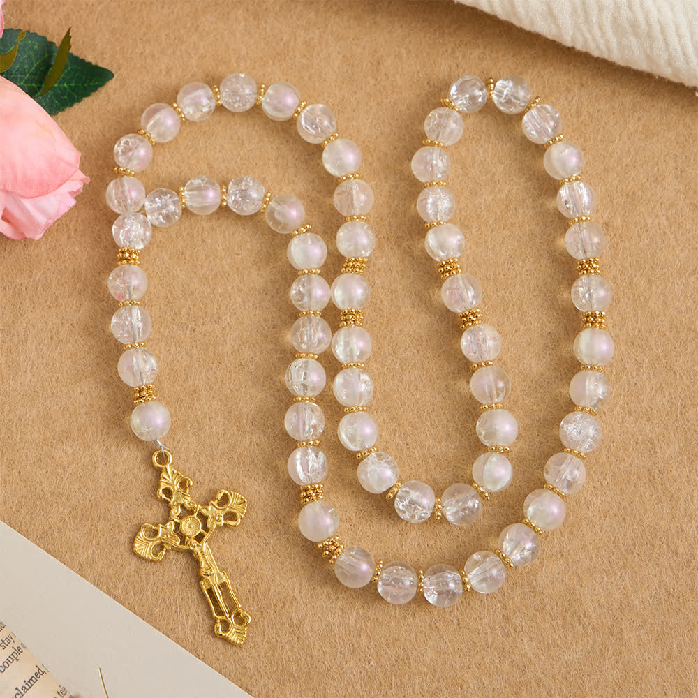 Pink & White Crackle Glass Rosary with Ornate Crucifix