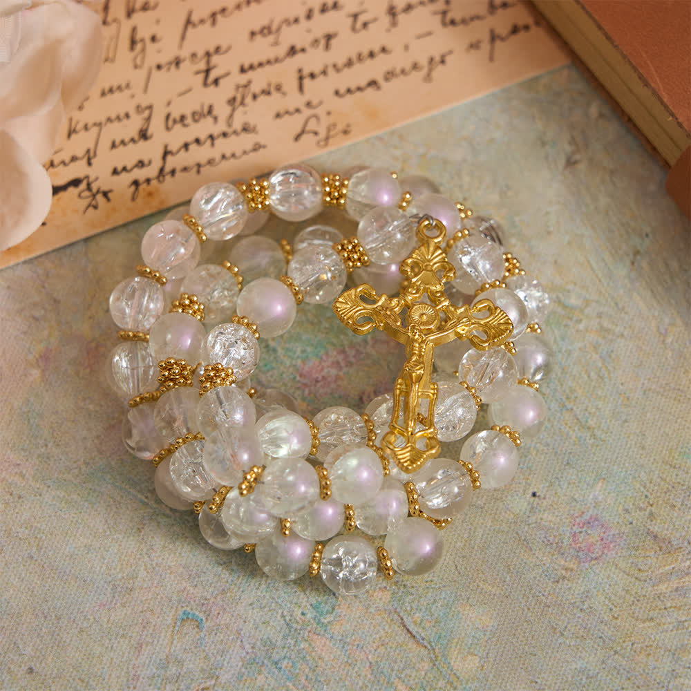 Pink & White Crackle Glass Rosary with Ornate Crucifix