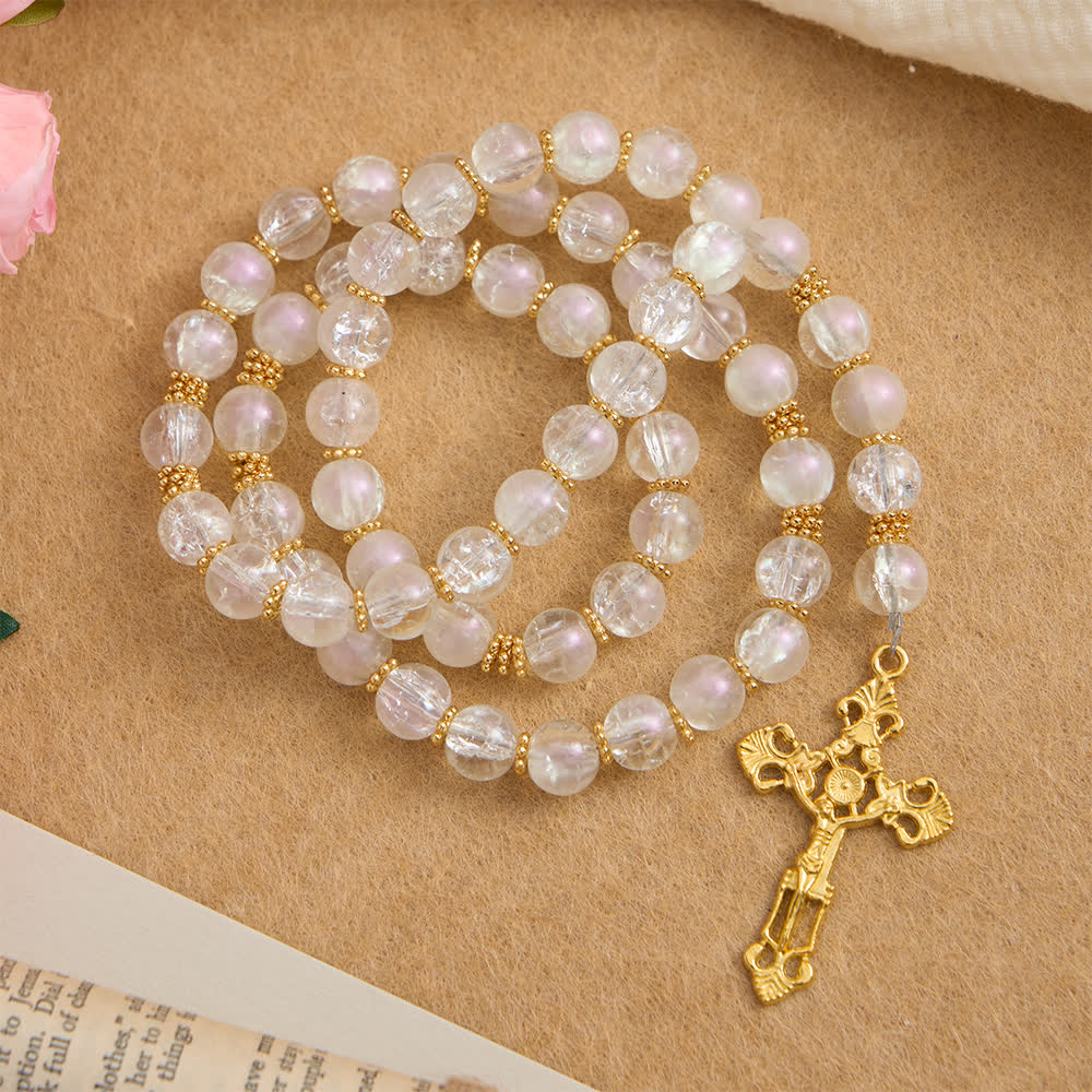 Pink & White Crackle Glass Rosary with Ornate Crucifix