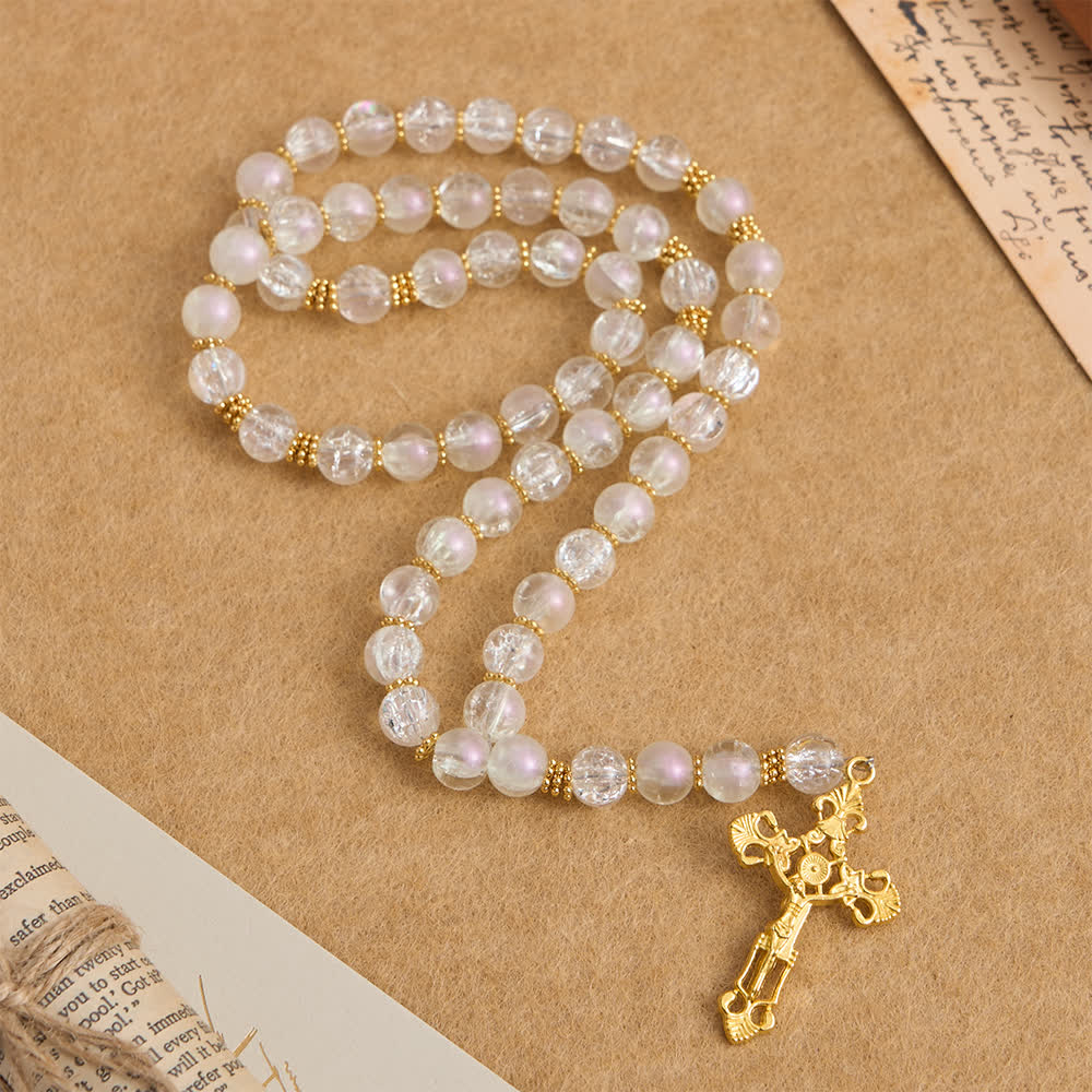 Pink & White Crackle Glass Rosary with Ornate Crucifix