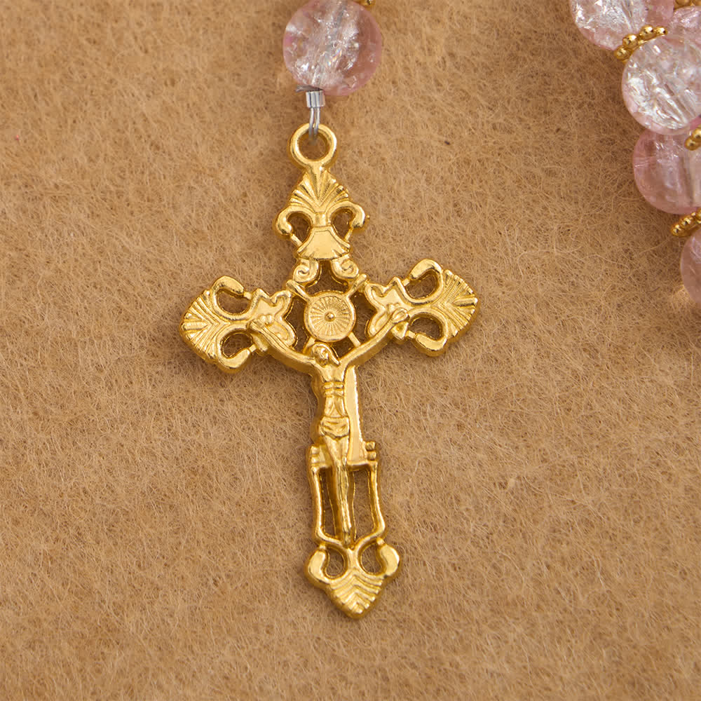 Pink & White Crackle Glass Rosary with Ornate Crucifix