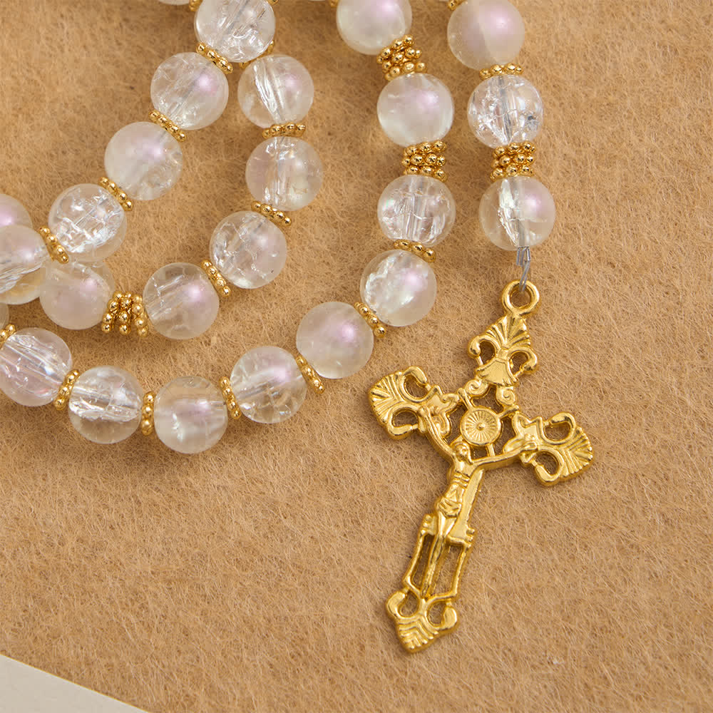 Pink & White Crackle Glass Rosary with Ornate Crucifix