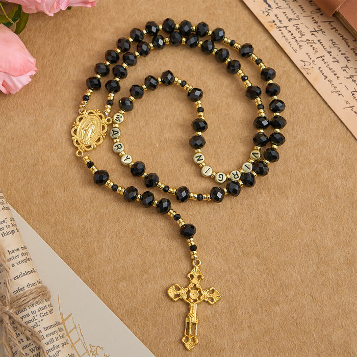Black Faceted Glass Virgin Mary Rosary with Custom Name Letters for Mom