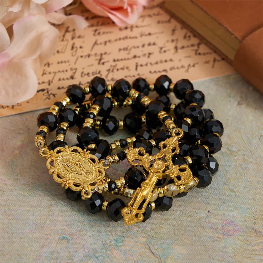 Black Faceted Glass Virgin Mary Rosary with Custom Name Letters for Mom