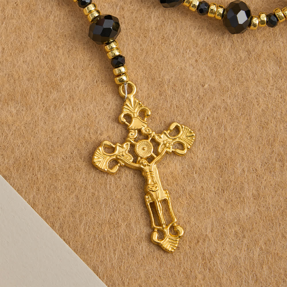 Black Faceted Glass Virgin Mary Rosary with Custom Name Letters for Mom