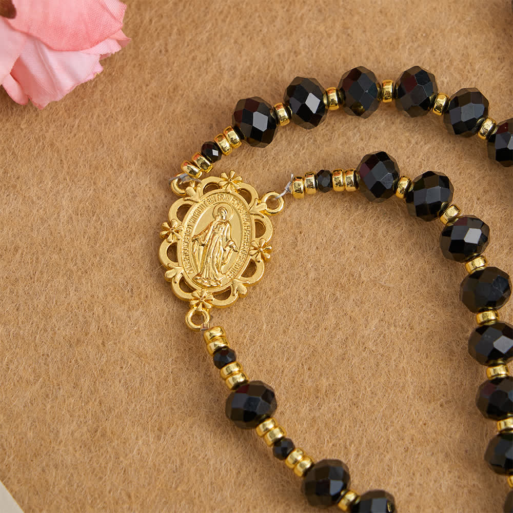 Black Faceted Glass Virgin Mary Rosary with Custom Name Letters for Mom