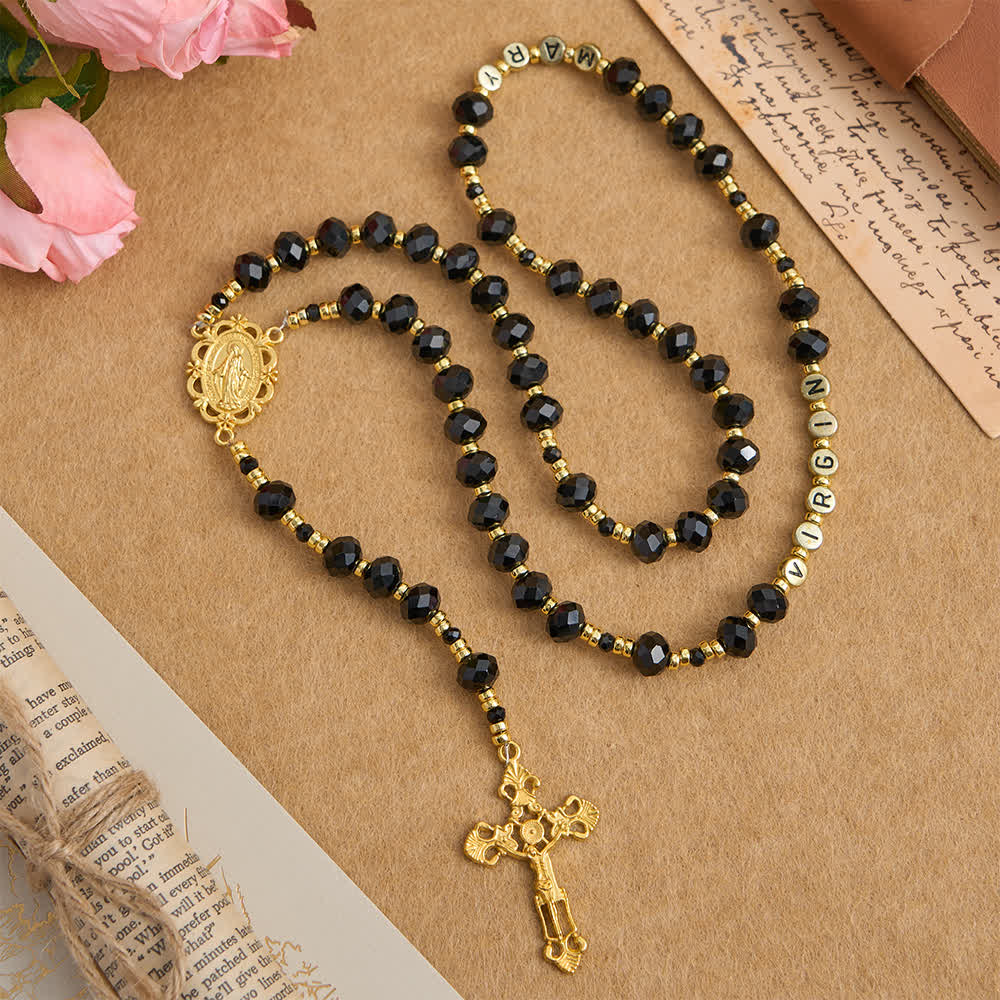 Black Faceted Glass Virgin Mary Rosary with Custom Name Letters for Mom