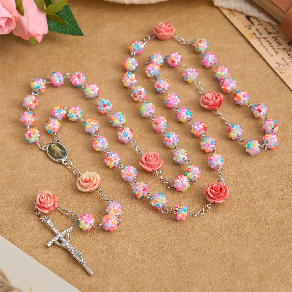 Easter Pink Rose & Sparkling Multicolor Diamond Beads Rosary with Divine Mercy