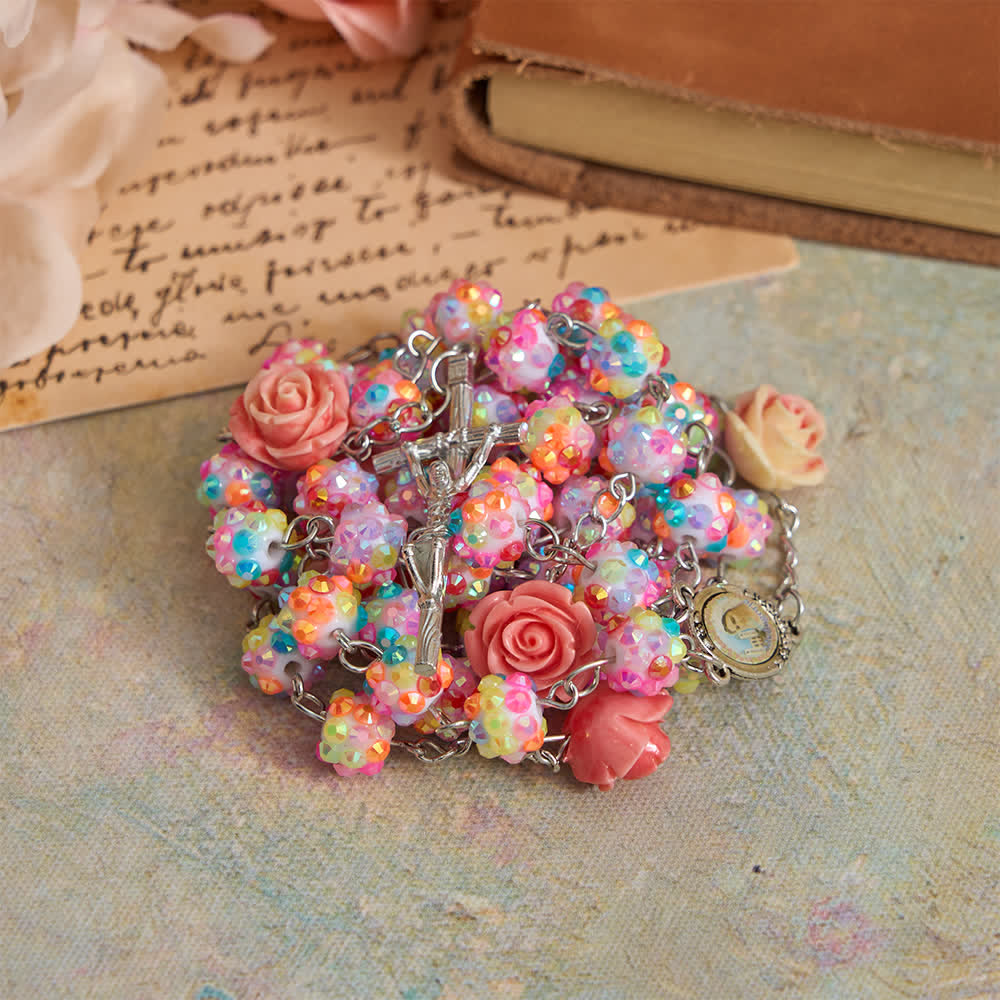 Easter Pink Rose & Sparkling Multicolor Diamond Beads Rosary with Divine Mercy