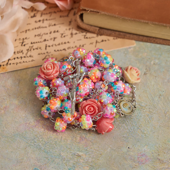 Easter Pink Rose & Sparkling Multicolor Diamond Beads Rosary with Divine Mercy